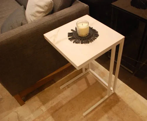 Mesa Arrime Calpe 45x35 Spl Calacata 12mm Base Hierro