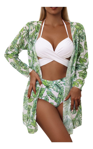 3 Piezas Conjunto De Playa Floral Bikini + Kimono Mujer