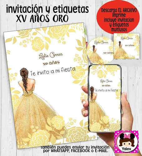 Invitación Xv Años Fiesta Oro Imprimible Editable