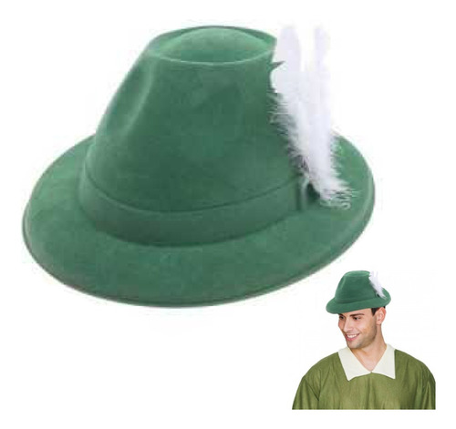 Sombrero Gorro Tiroles Aleman Verde Plumas Cotillon Disfraz