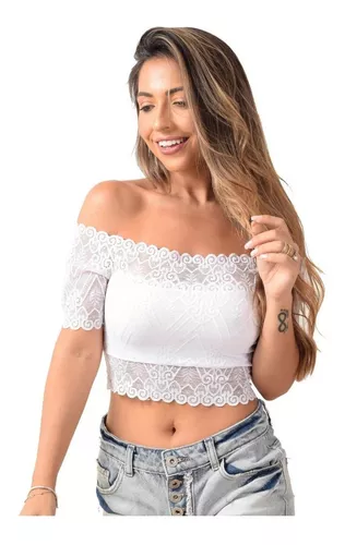 Top Renda Plus Size Cropped Bojo 46/48 Alça Larga Feminino