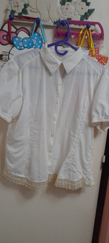 Camisa M/c Globo Plumeti, Blanco,c/encaje, Blanco Y Natural