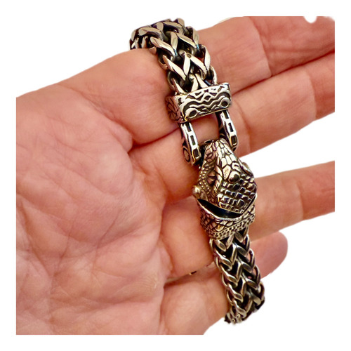 Gran Pulsera Acero Quirúrgico Macizo Cabeza De Serpiente Plateado 23 Cm