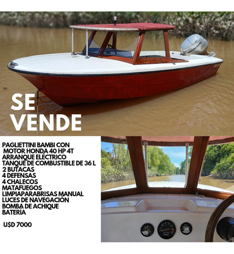 Lancha Pagliettini Bambi Motor Honda 4o 4t Cabina Madera