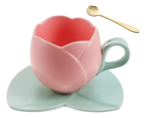 Taza De Tulipán Con Cuchara, Taza De Café De Cerámica Color Pink+1*spoon Solid Color