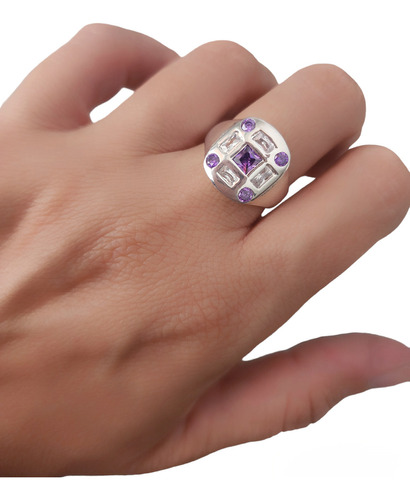 Anillo Plata 925 Sello Con Piedras Blancas Y Violetas Cubic
