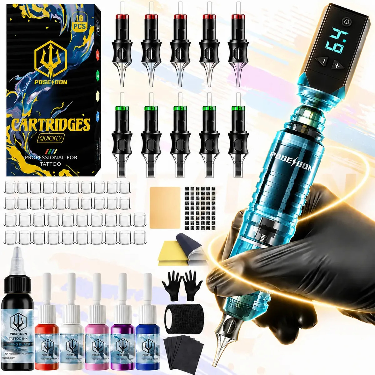 XELVRA Máquina de Tatuaje Poseidon-LS2, Pluma de Tatuaje Inalámbrica, Kit para Tatuar con Batería, Agujas de Cartucho, Tintas y Accesorios para Práctica y Diseño de Tatuajes