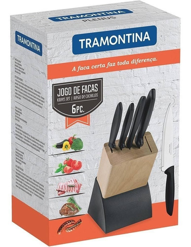 Imagem 2 de 7 de Jogo De Facas 6 Peças C/cepo Plenus Preto Tramontina