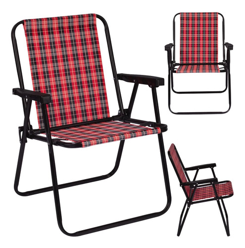 3 Cadeiras De Praia Alta Dobravel Aço Xadrez Vermelha/preta