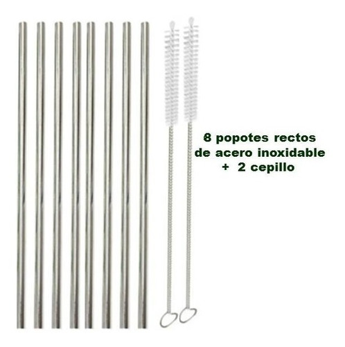 8 Popotes Rectos De Acero Inoxidable + Regalo 2 Cepillos