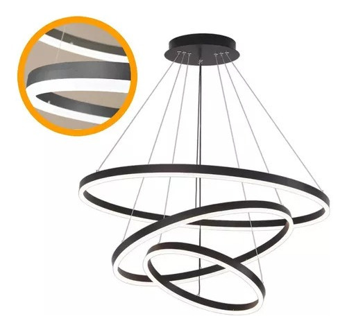 Lustre Led Moderno Pendente 3 Anéis 60/40/20cm Cor Preto 110V/220V