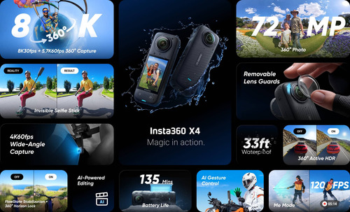 Insta360 X4 360 8k Camara + 2 Baterias + Cargador + Lens Cup Negro