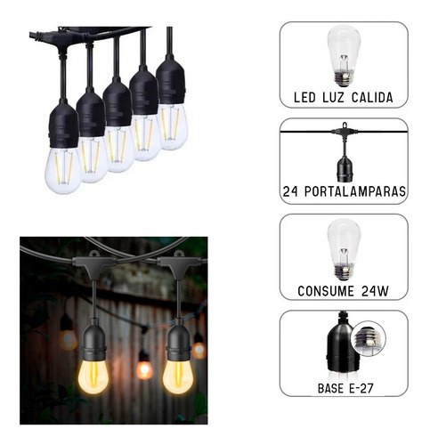Imagen 2 de 6 de Serie De Luces Led 14.6m Con 24 Focos Guirnalda Vintage