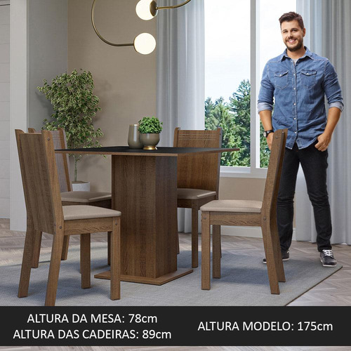 Mesa de comedor con tapa de madera, 4 sillas Samara Madesa Rpsb, color rústico/negro/sintético, beige, diseño de tela lisa
