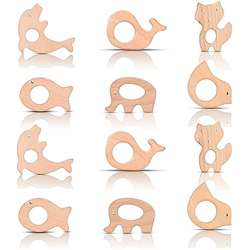 12 Pcs Teething Toys For Babies, Natural Wooden Teethin...