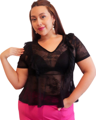 Blusa Elegante Encaje Mujer Volados Laterales Talles Grandes