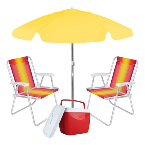 Kit Guarda Sol Amarelo + Caixa Térmica+ 2 Cadeiras De Praia