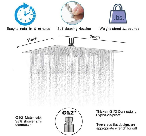 Imagen 3 de 7 de 20cm Gran Cuadrada 304 De Acero Inoxidable Ducha De Spray