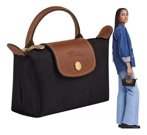 Bolso Mini Asa Negro Tote Pliage Bolsalongchamp Negro Rayas Níquel Chocolate