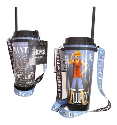 Copo C/ Canudo One Piece Luffy Preto Azul 1000ml C Fita Toei