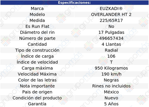 4 Llantas Medida 225/65r17 106t Euzkadi Overlander Ht 2