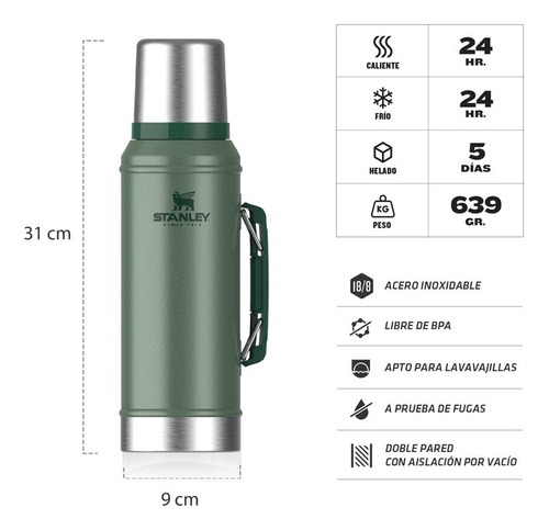 Imagen 3 de 8 de Termo Stanley Verde - 950ml - Tapón Cebador - Original Caja