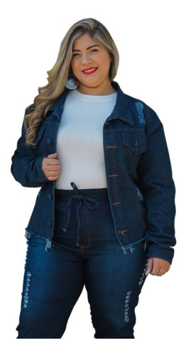 Jaqueta Jeans Feminino Plus Size Detalhe Rasgado Grande