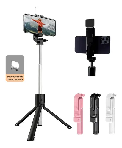 Bastão Pau de Selfie Tripé Retrátil com Luz LED Controle Bluetooth Celular, Tripé Bastão de Selfie Extensível, Preto, Branco, Rosa Fornecimento de Luzes de Pree — R$ 27,47 em Mercado Livre, 57% OFF