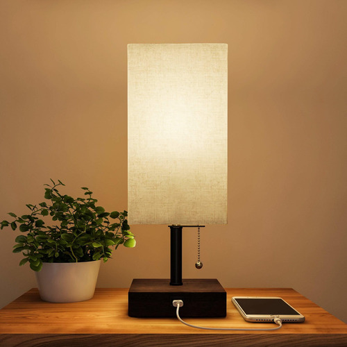 Lampara Rectangular Usb Base Madera Bombilla Led Puerto