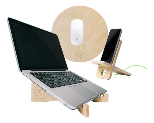Kit Home Office Soporte Notebook Y Celular Y Mousepad Madera