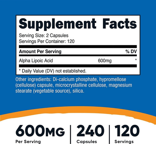 Acido Alpha Lipoico Acid 600mg 240 Nutricost Importado Eeuu Neutro