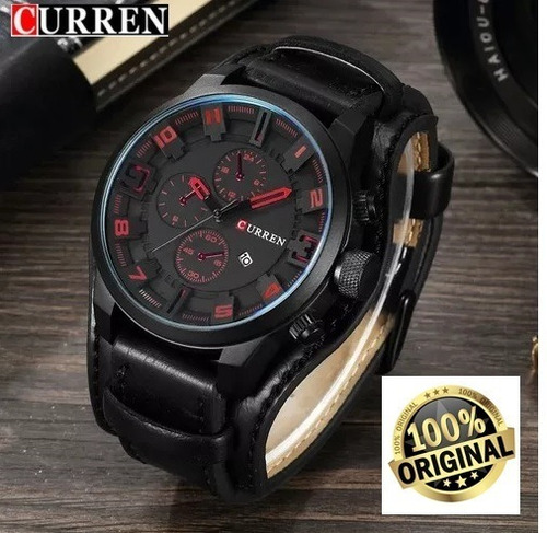 Relogio Masculino Curren Couro Bracelete Preto