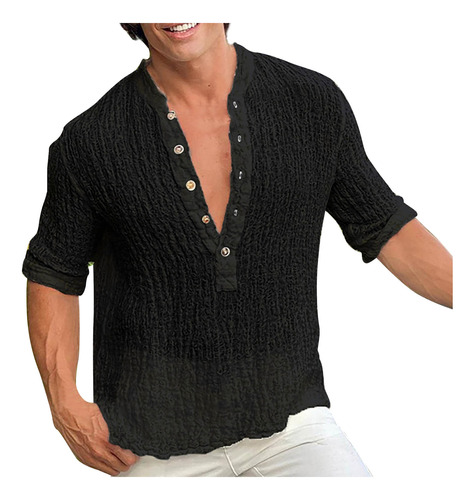 Blusa De Manga Corta Con Cuello Alto Y Botones Lisos Para Ho