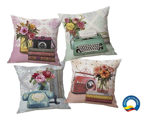 4 Funda Para Cojín,  Retro Vintage + 4 Rellenos  45 X 45 Cms