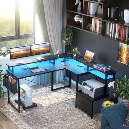Escritorio L Con Toma De Corriente Y Led, Reversible Con Caj