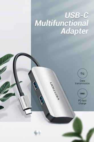 Hub USB Multipuerto Vention - 5 en 1 - Usb C + 4 Puertos Usb 3.0 + Power delivery USB C 100W - 5Gbps - Carcasa Aluminio - 15 CM - Premium Para Teclado / Disco rigido / Mac / Laptop - TGHHB