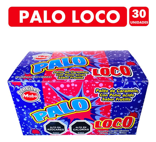 Dulces Palo Loco Sabor Frutilla Ácida (caja Con 30 Unidades)