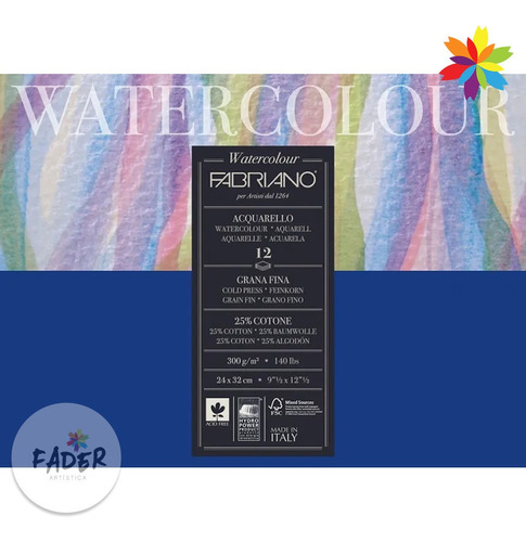 Block Fabriano Watercolor 300grs. 12 Hojas 25% Algodon 24x32