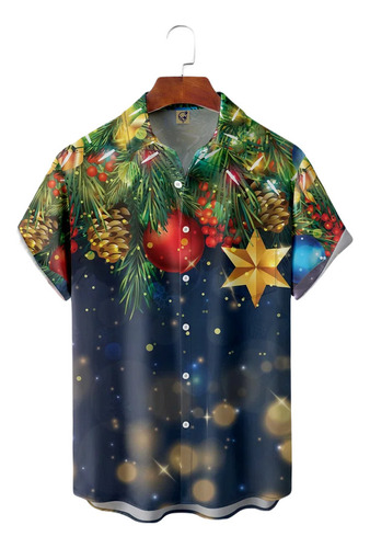 Mks Camisa Hawaiana Unisex V4 Azul Navideño, Camisa De