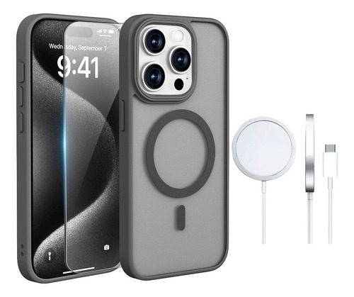 Funda Magsafe Para iPhone + Cargador Inalámbrico 15w + Mica De Vidrio Templado Para iPhone, 5 Colores