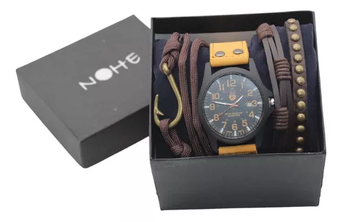 Reloj Hombre, Juego De Pulseras Y Estuche Set Elegante Color De La Correa  Piel