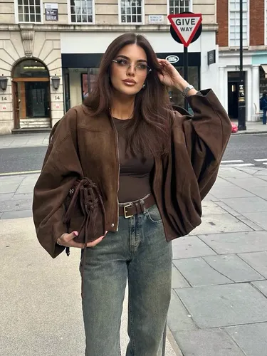 Jaqueta Bomber Feminina Curta Em Suede Com Zíper Marrom 2xl