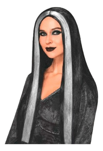 Peluca Bruja Cotillon Halloween Lacia Negra Bicolor Morticia