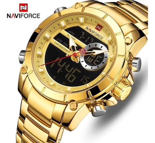 Relógio Masculino Naviforce 9163 Dourado Inox 3atm Quartz