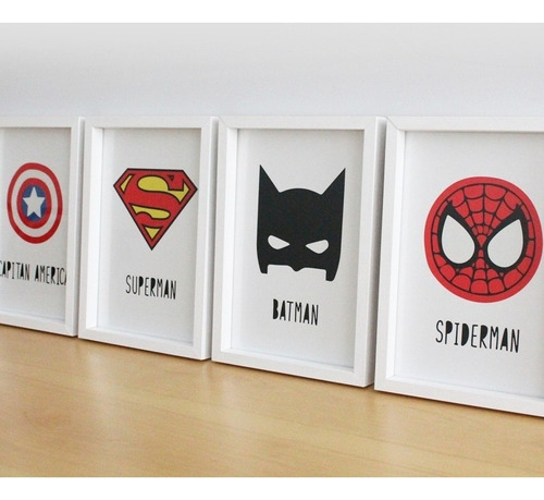 Set 4 Cuadros Superheroes Batman Spiderman 20x30 Box Blancos