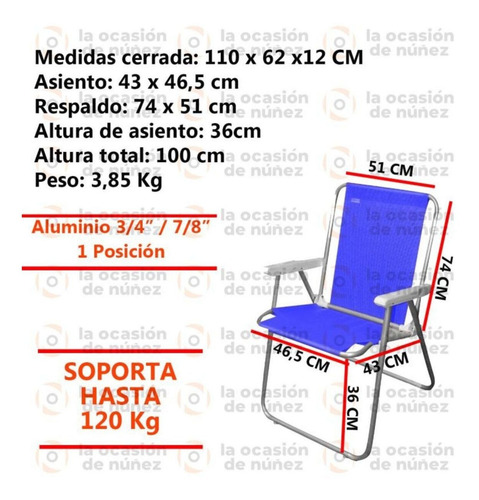 Imagen 3 de 7 de Reposera Aluminio Silla Alta Sillon 1 Posicion X 2 Unidades