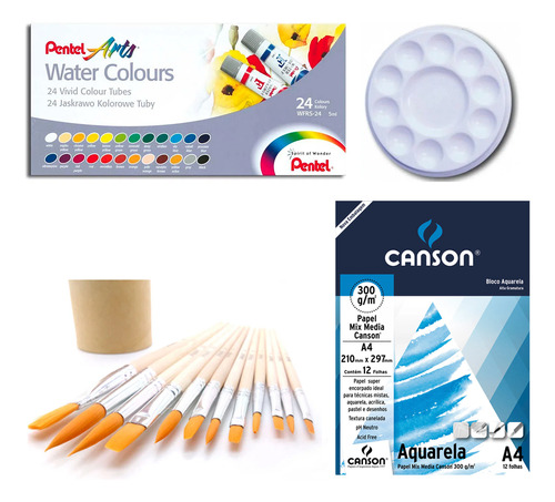 Kit Aquarela Semiprofissional 24 Cores+12 Pincéis+bloco+gode Cor Multicores