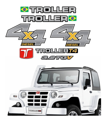 Kit Adesivos Emblema Troller T4 3.2 Tgv 4x4 Diesel 2014 Completo Carro Branco 3.2tgv Trl13