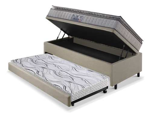 Bicama Box Baú 88x188 Linho Bege Com Colchão Orthosono Anjos