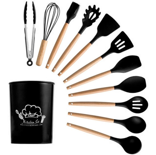 Set De Utensilios De Cocina En Silicona Madera Por 12 Piezas